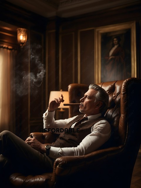 A man in a brown vest smoking a cigar