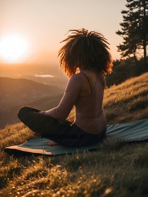 A woman with dreadlocks sitting on a yoga mat in a field