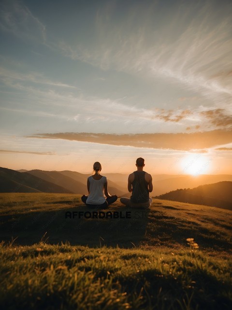 Two people meditate on a hill overlooking a valley