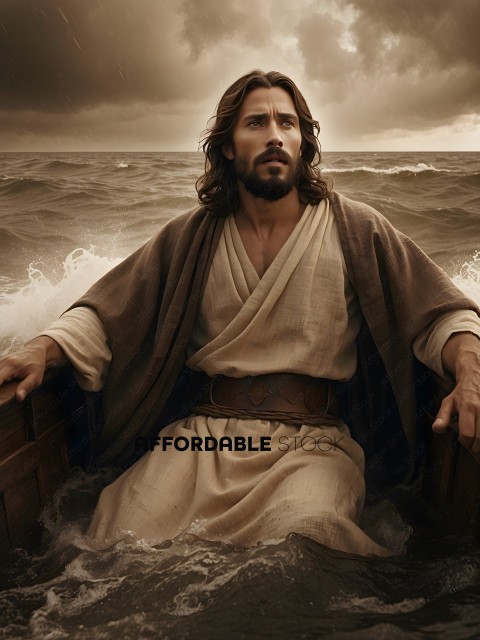 Jesus in a boat in the ocean