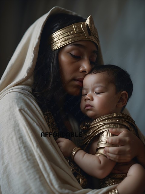 A mother holding her baby wearing a gold crown