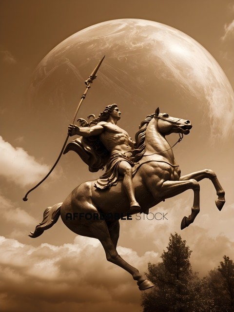A statue of a man riding a horse with a moon in the background