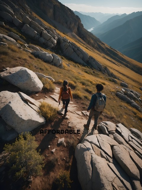 Two Hikers Walking on a Path in the Mountains