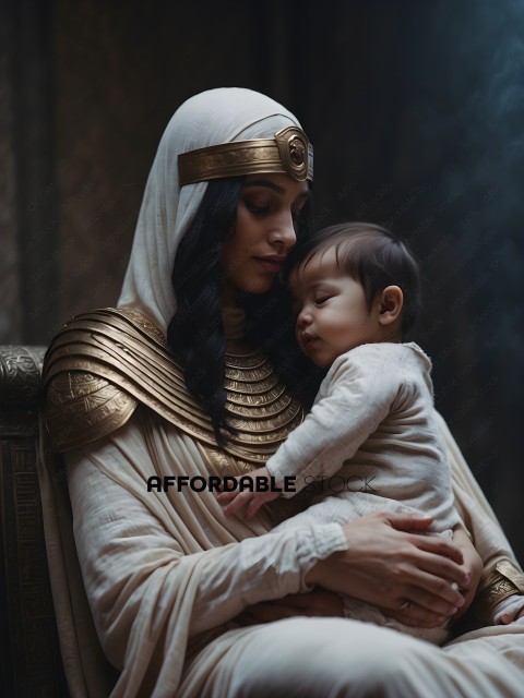 A woman in a gold costume holding a baby