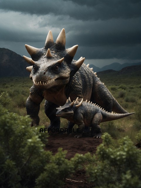 A mother dinosaur and her baby dinosaur standing in a field