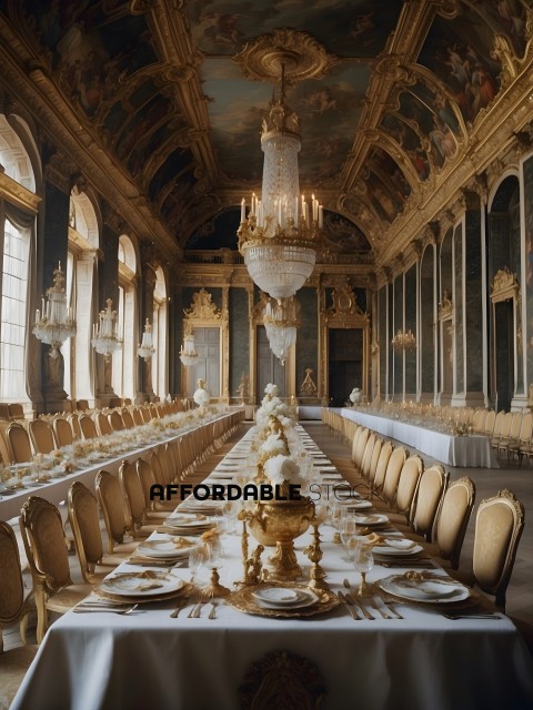 A grand dining room with a long table set for a banquet