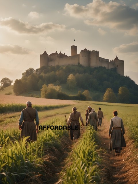A group of people walking through a field with a castle in the background