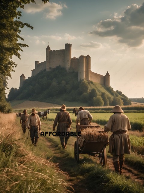 Men walking with a cart in front of a castle