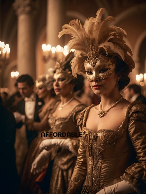 A woman in a gold mask and gold dress