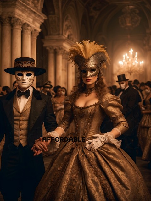 A man and woman dressed in costume masks and fancy clothing