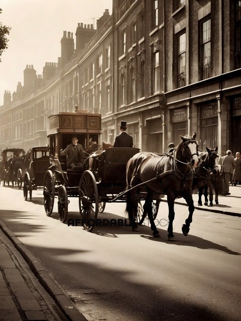 A horse and buggy travels down a street with a man in a top hat