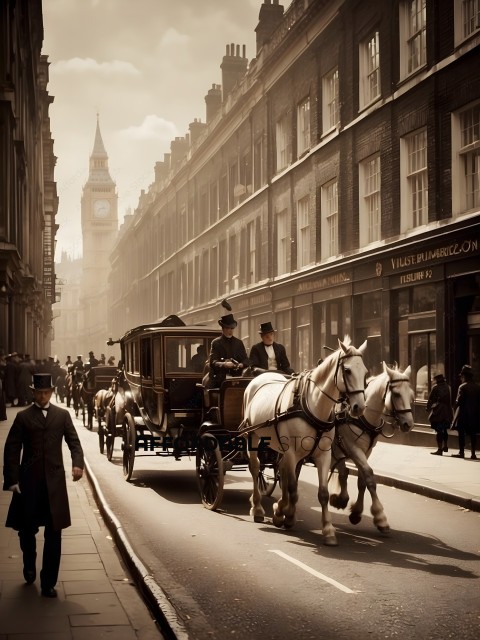 A horse and buggy travels down a busy street