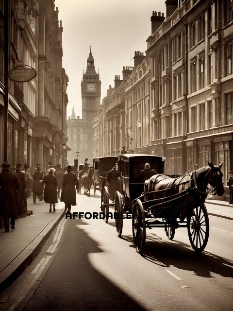 A horse and buggy travels down a busy street