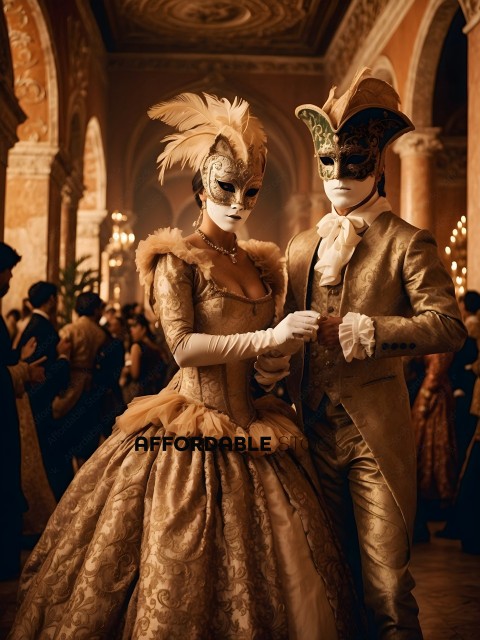 A couple dressed in costume masks and fancy clothing