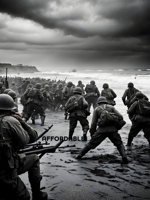 Soldiers on the beach with guns