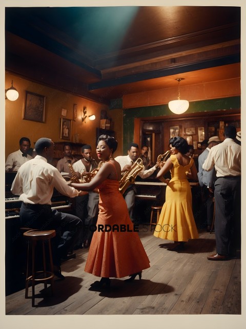 A group of people playing music in a bar