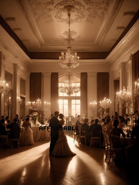 A Bride and Groom Dance in a Grand Ballroom