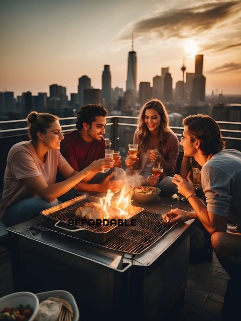Four friends enjoying a barbecue in the city