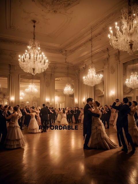 A formal ballroom dance with a large group of people