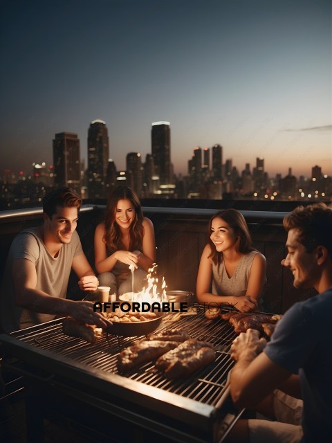 Four friends enjoy a meal together at a rooftop restaurant