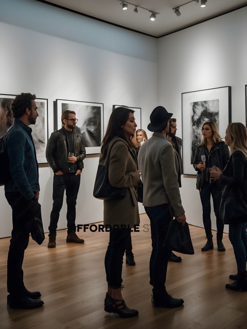 A group of people standing in a room with artwork on the walls