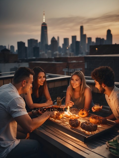 A group of four people enjoying a meal together on a rooftop