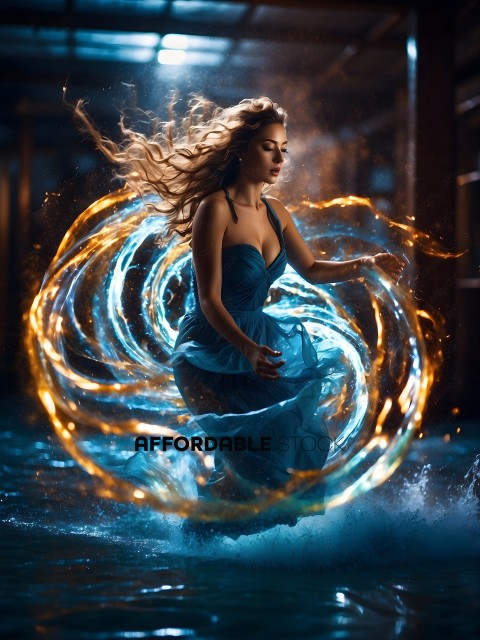 A woman in a blue dress is surrounded by fire