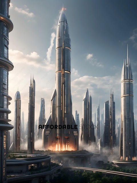 A futuristic city with a large tower in the middle