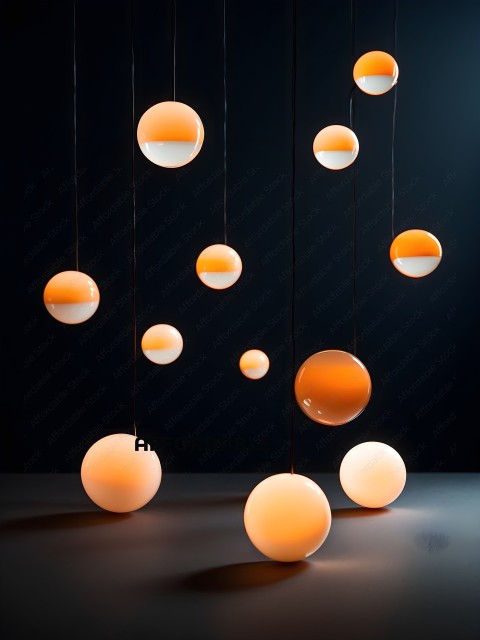 A group of orange and white balls hanging from wires