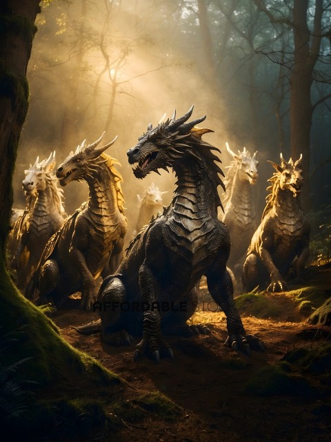 A group of dragons in a forest