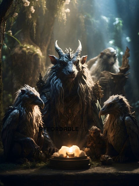 A group of mythical creatures sit around a fire