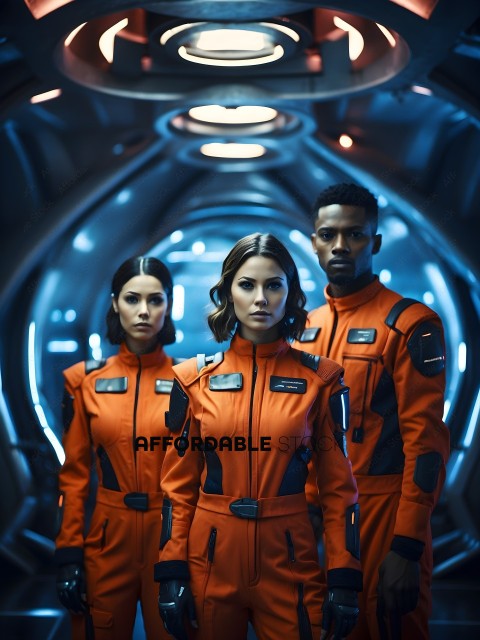 Three astronauts in orange jumpsuits