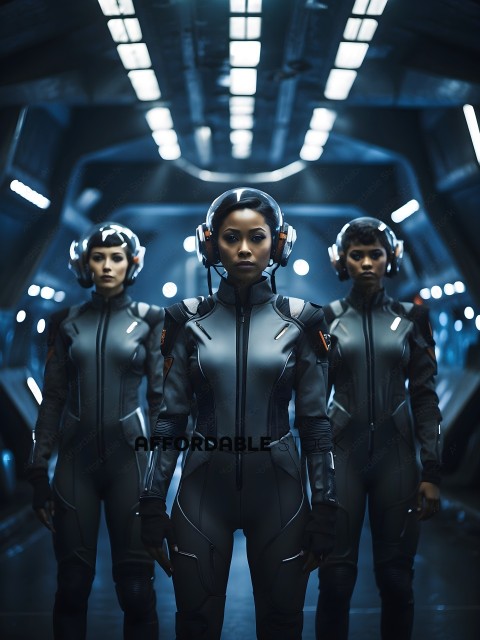 Three women in futuristic uniforms stand in a room