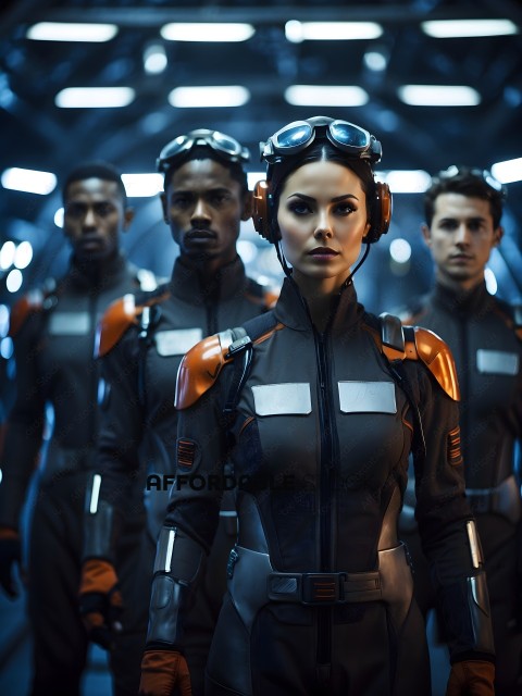 A group of people in futuristic uniforms