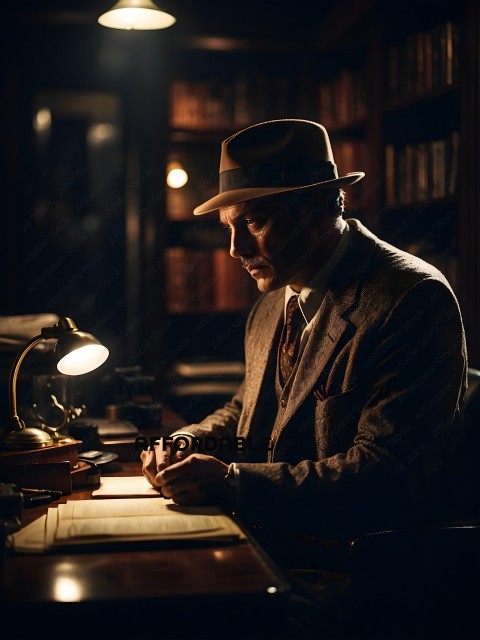 A man in a suit and hat is writing on a piece of paper