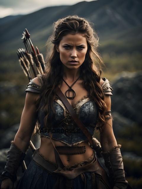 A woman wearing a metal breastplate and carrying a bow and arrows