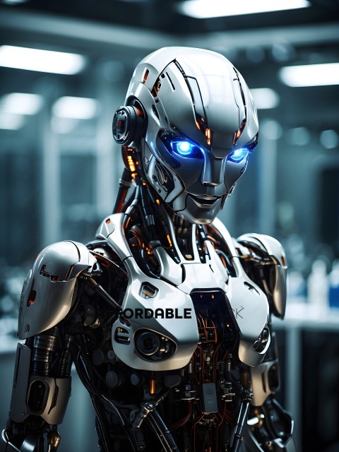 A robot with blue eyes and a silver body