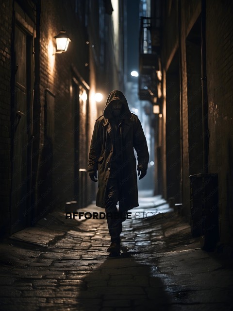 A man in a trench coat walks down a dark alley