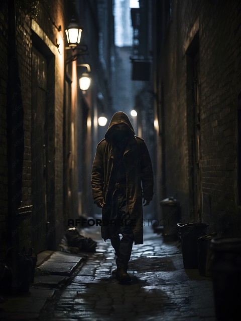 A person in a hooded jacket walks down a dark alley