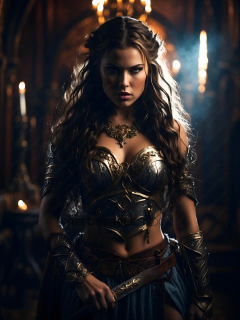 A woman in a metal breastplate and chain mail