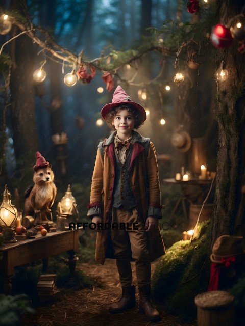 A young boy in a wizard costume stands in a forest setting