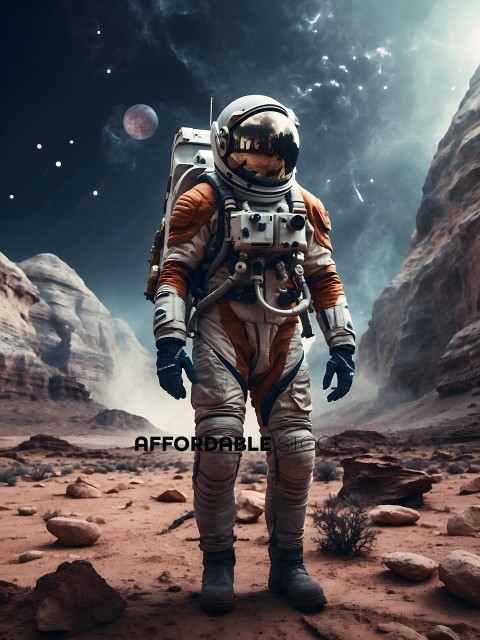 Astronaut in a suit standing on a rocky planet