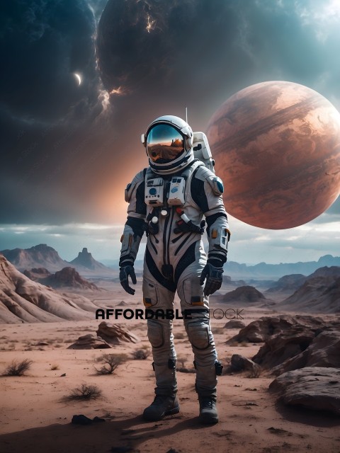 Astronaut in Space Suit Standing in Desert