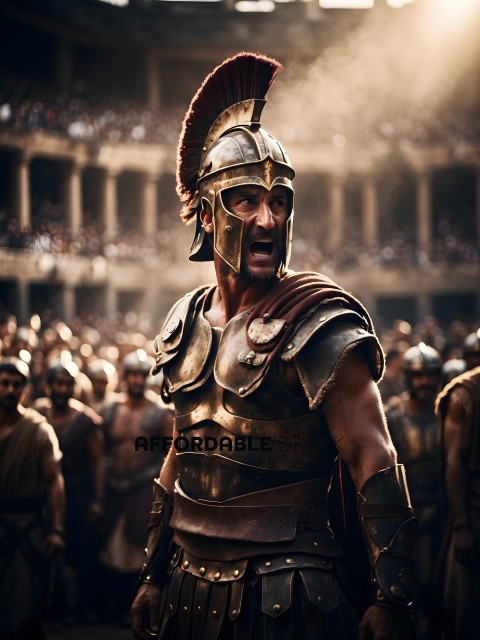 A Roman Soldier in Battle Armor Stands in Front of a Crowd