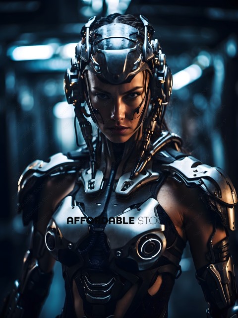 A woman wearing a futuristic metal suit