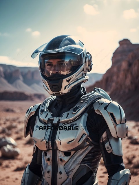 A man wearing a futuristic suit in a desert setting
