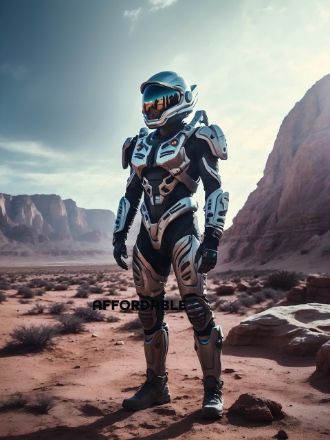 A person in a futuristic suit stands in the desert