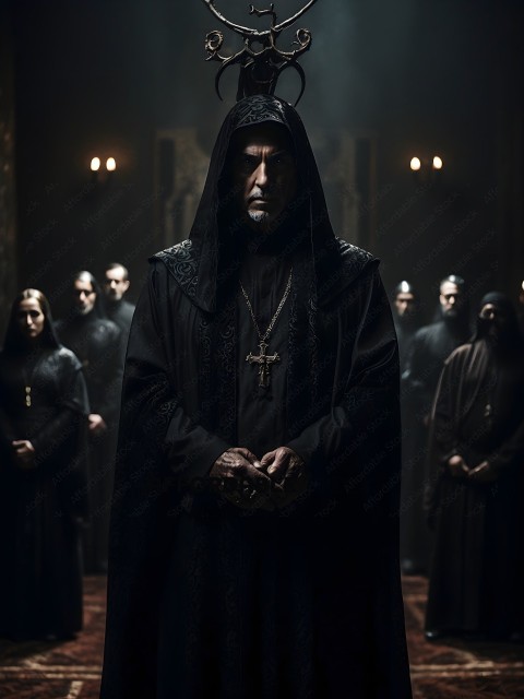 A priest in a black robe stands in front of a group of nuns