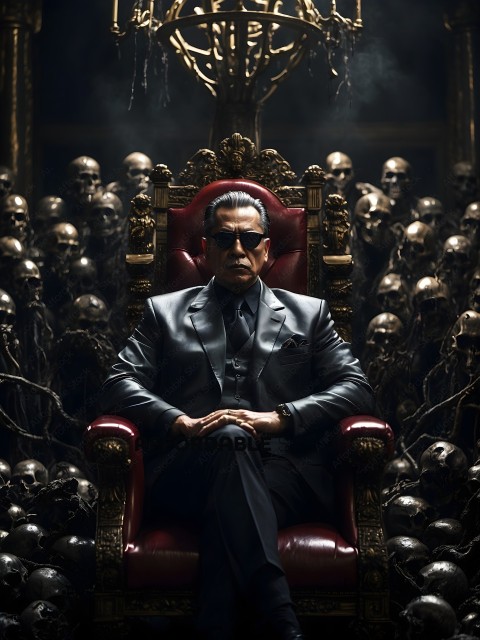 A man in a suit sitting in a chair surrounded by skeleton heads