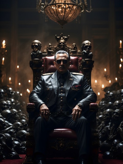 A man in a suit and sunglasses sits on a throne surrounded by skulls